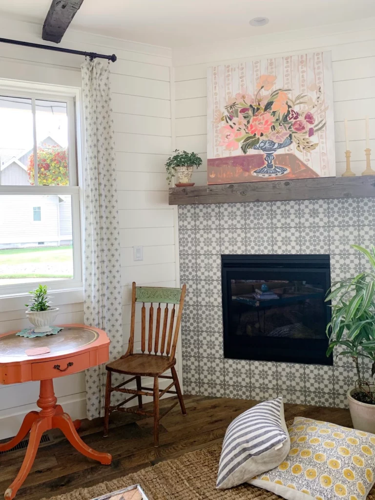 Tiled fireplace in a cozy home setting