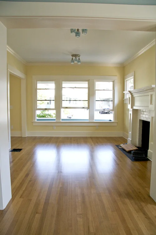 View from dining room into a cozy living room