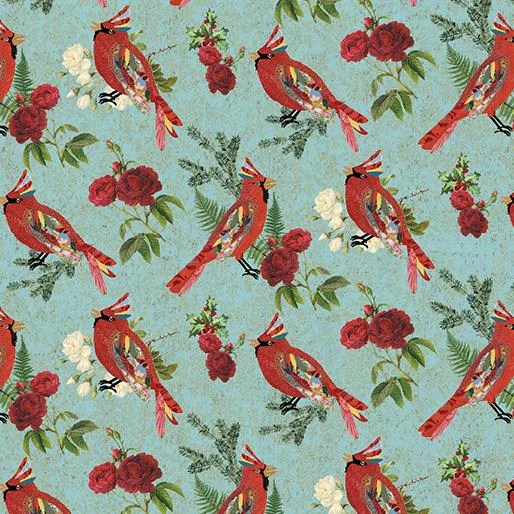 Turquoise Christmas fabric with cardinal design by Benartex