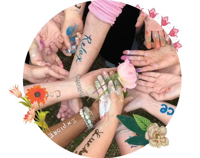 quiet-flow-and-cozy-chatter Hands together with mantras written on arms
